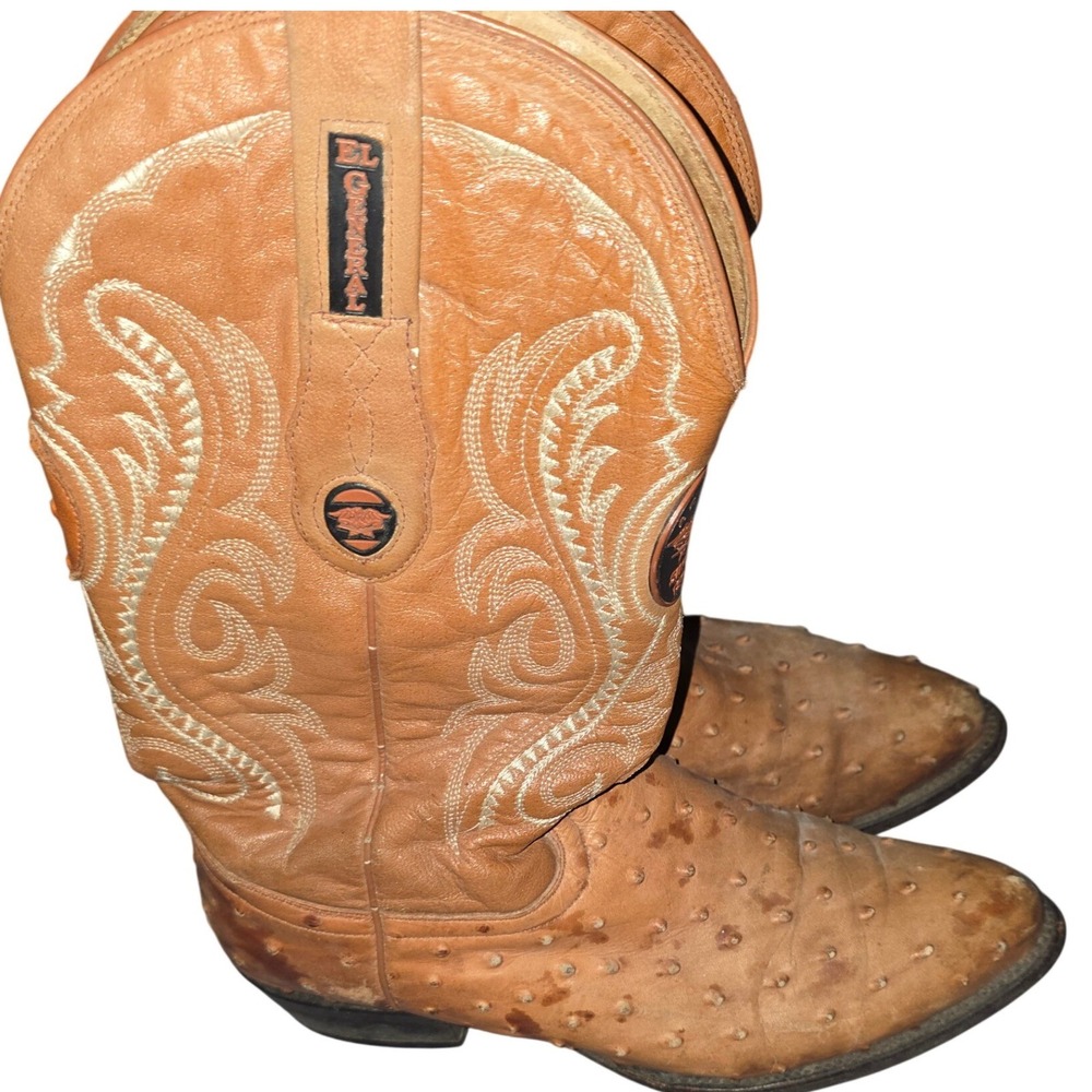 El General Mens Tan Ostrich Leather Cowboy Boots Western Style Size 7
